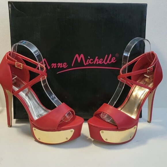 Brand New Anne Michelle Red Open Toe w/ Ankle Strap, Stiletto Heels - Picture 1 of 13